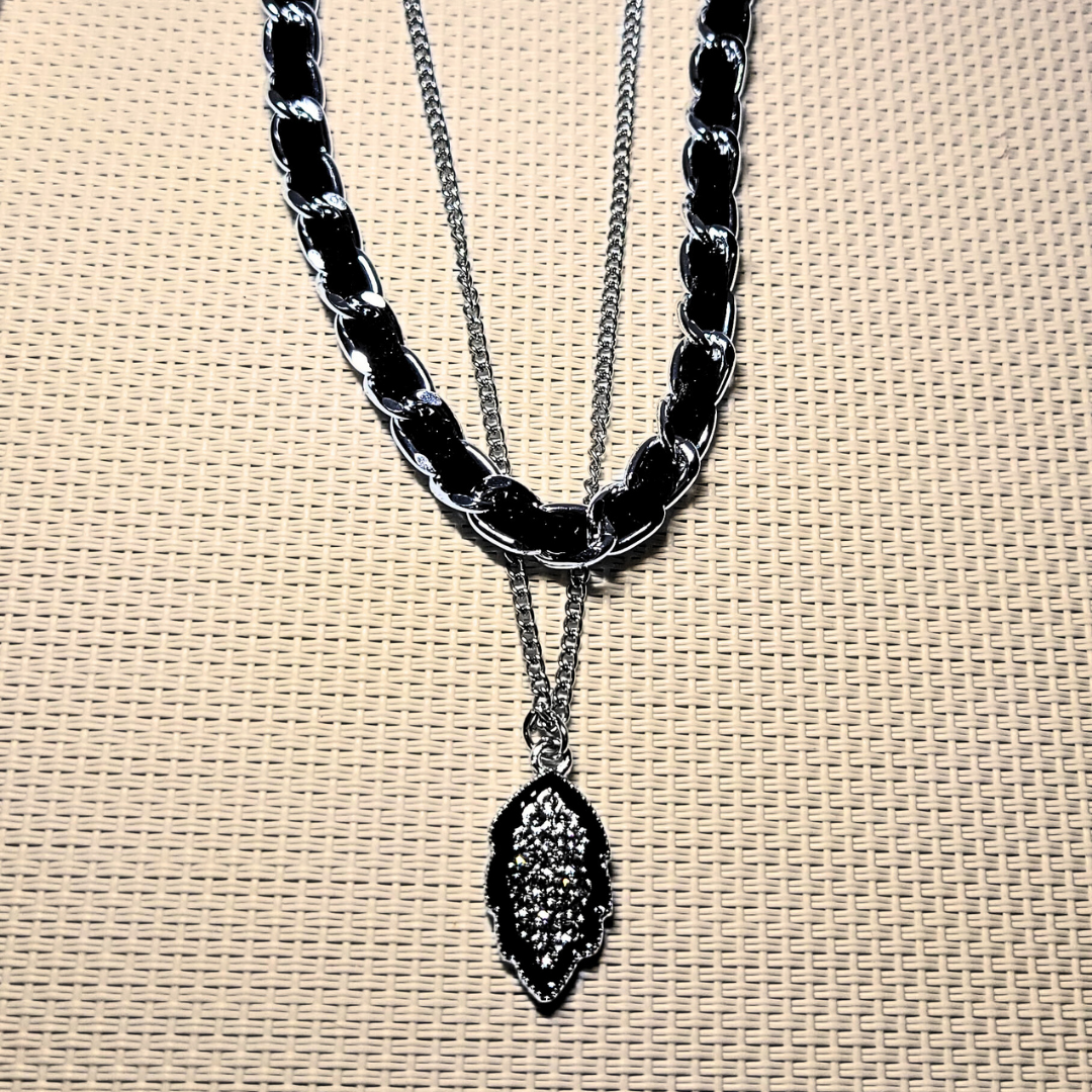 Crystal Leaf Pendant with chunky black chain
