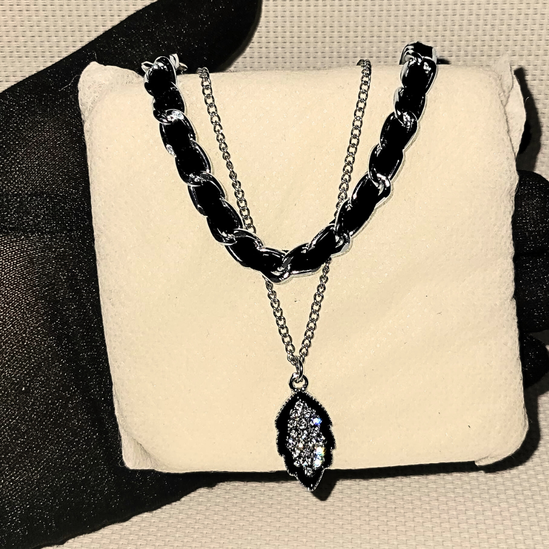 Crystal Leaf Pendant with chunky black chain