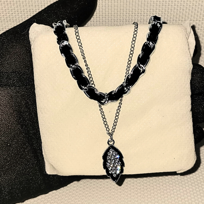 Crystal Leaf Pendant with chunky black chain