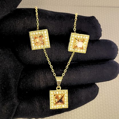 Elegent square Necklace with earrings - Golden