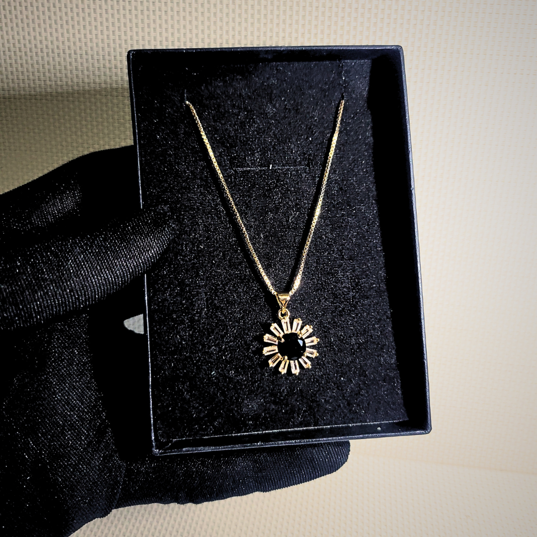 Golden Sunburst Black Stone Necklace