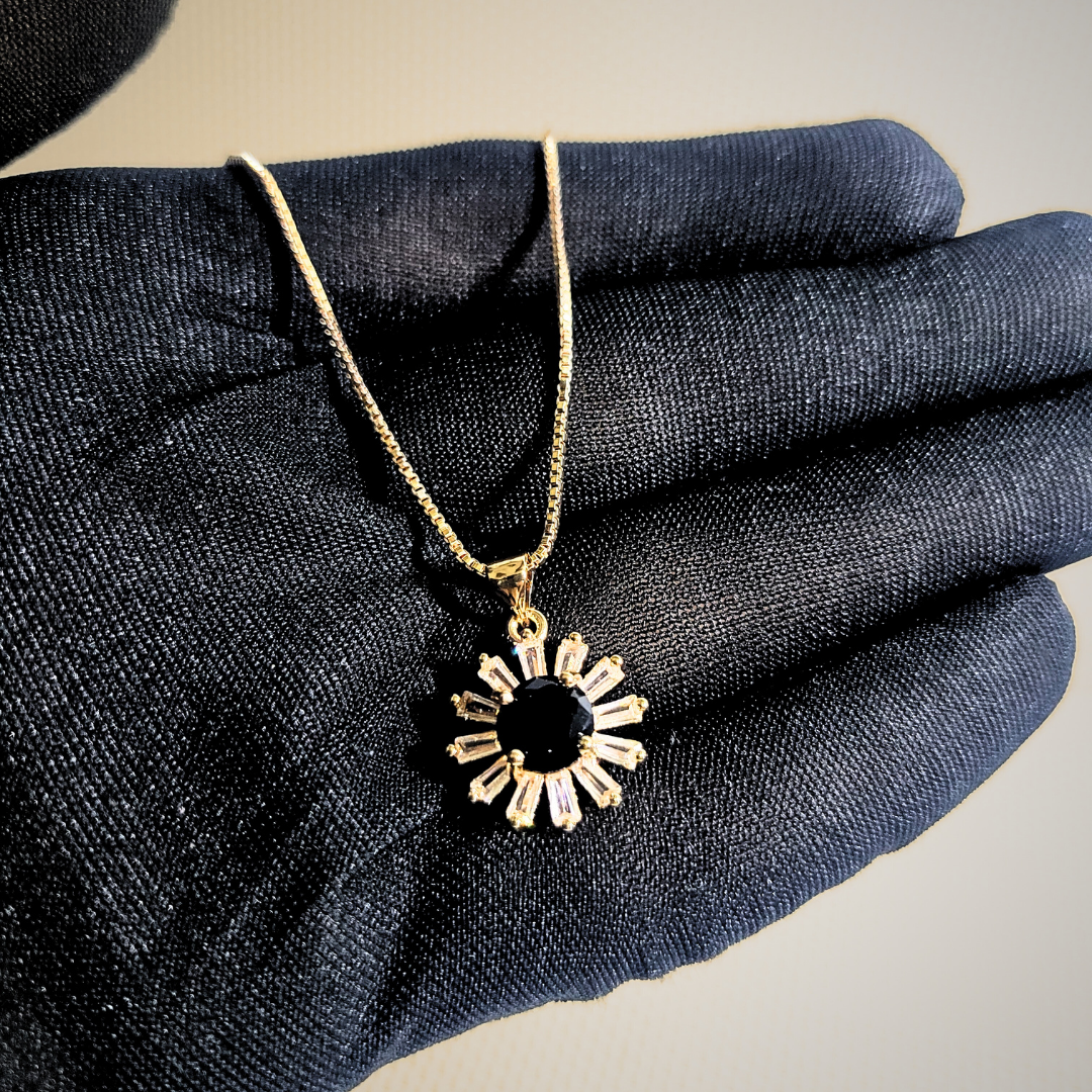 Golden Sunburst Black Stone Necklace