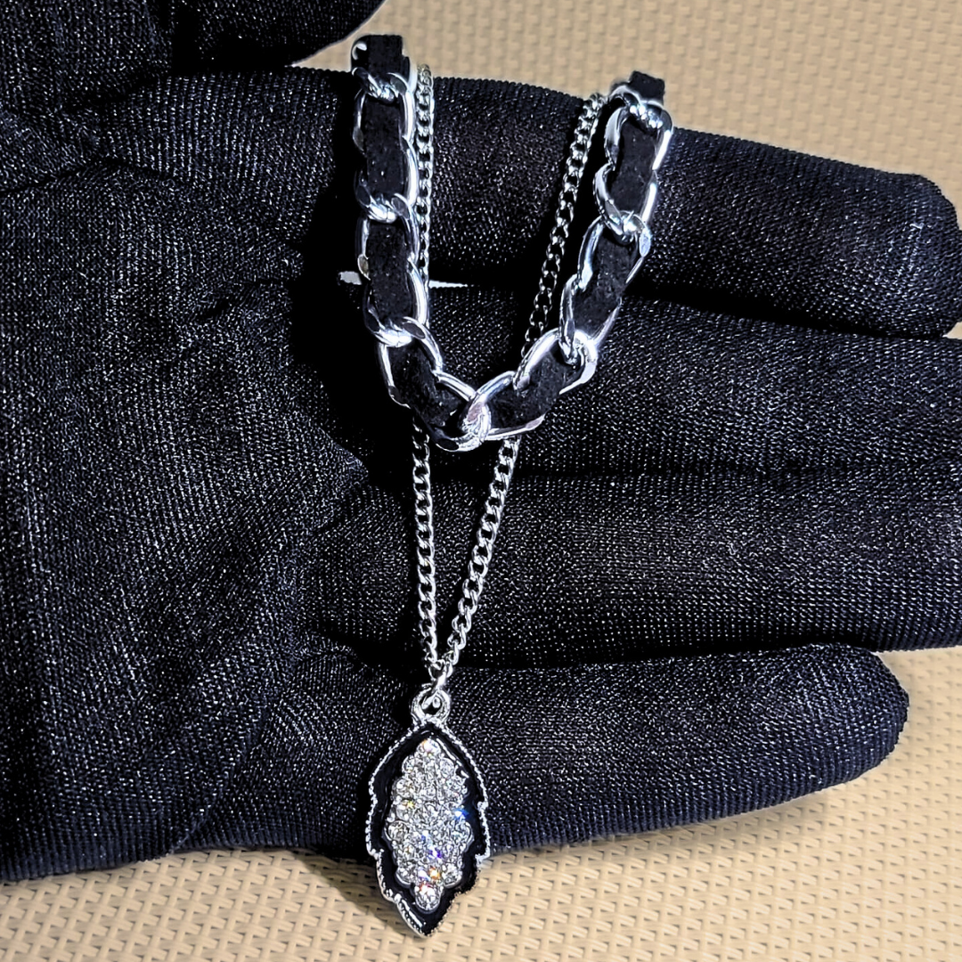 Crystal Leaf Pendant with chunky black chain